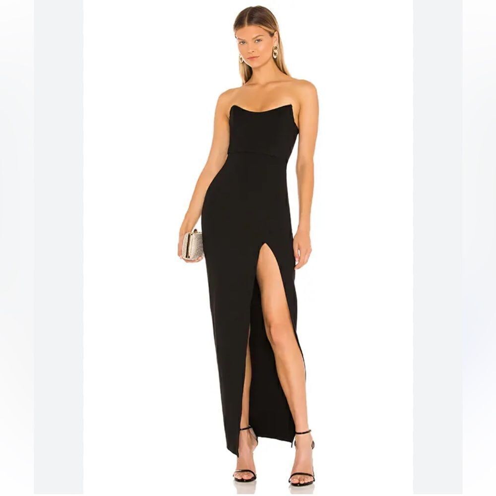 superdown ryleigh black strapless maxi dress boned bustier midi high slit gown S